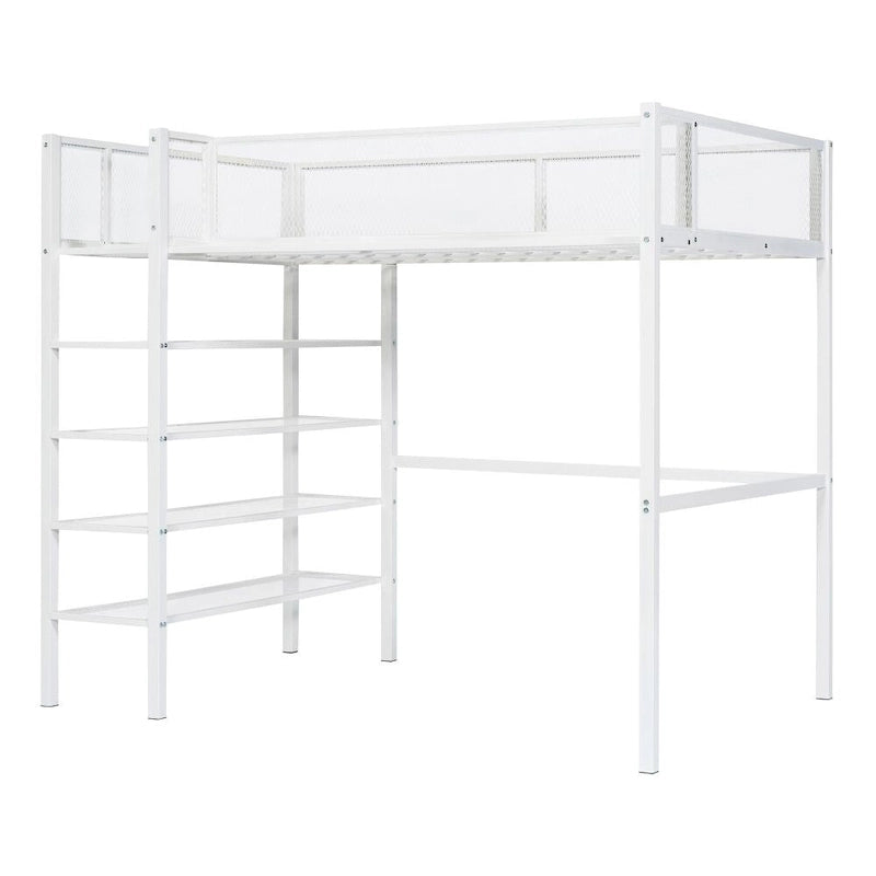 Metal Loft Bed with 4-Tier Shelves and Storage