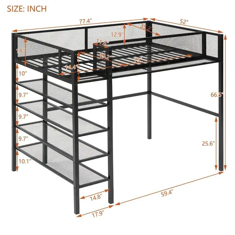 Metal Loft Bed with 4-Tier Shelves and Storage