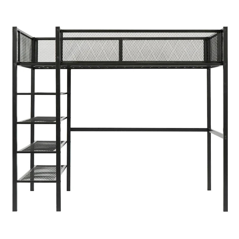 Metal Loft Bed with 4-Tier Shelves and Storage