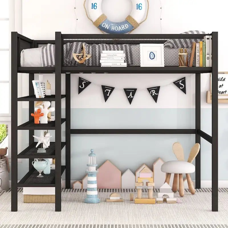 Metal Loft Bed with 4-Tier Shelves and Storage