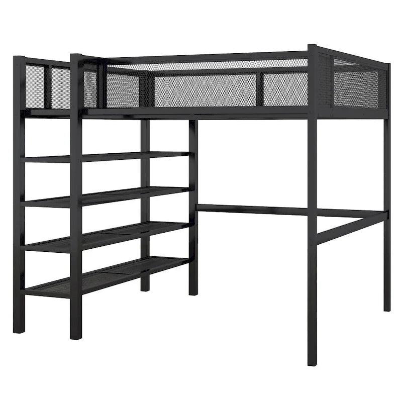 Metal Loft Bed with 4-Tier Shelves and Storage