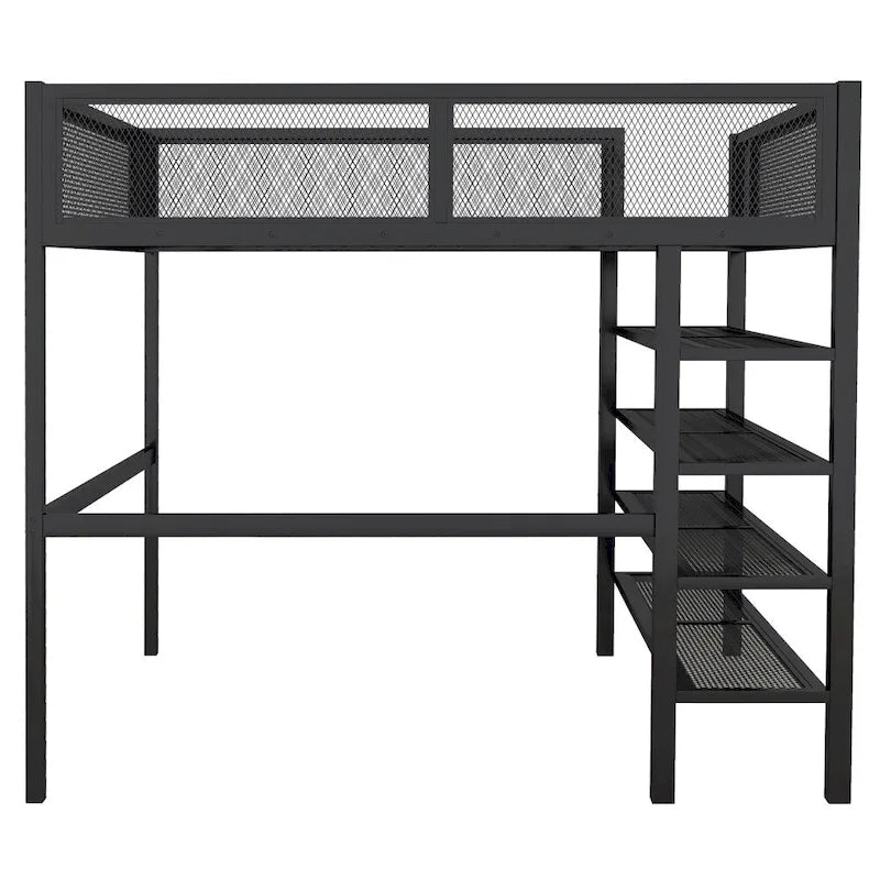 Metal Loft Bed with 4-Tier Shelves and Storage