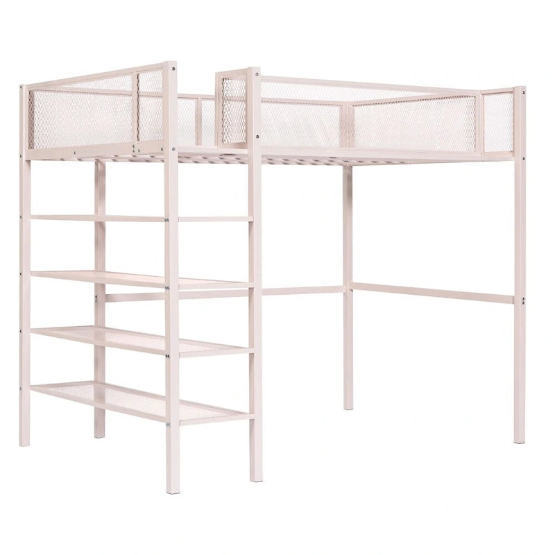 Metal Loft Bed with 4-Tier Shelves and Storage