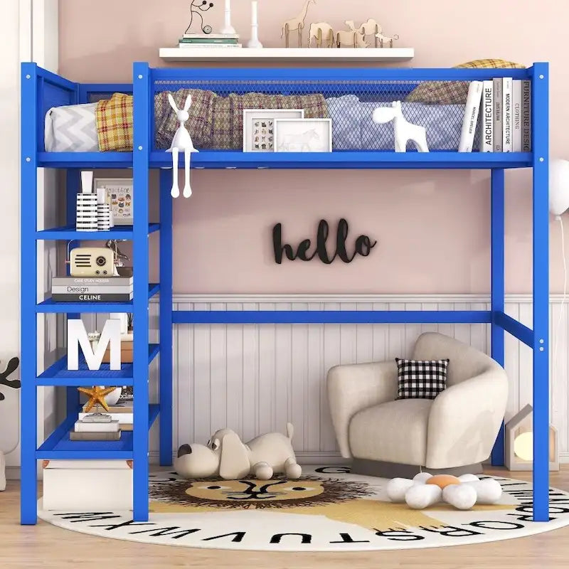 Metal Loft Bed with 4-Tier Shelves and Storage