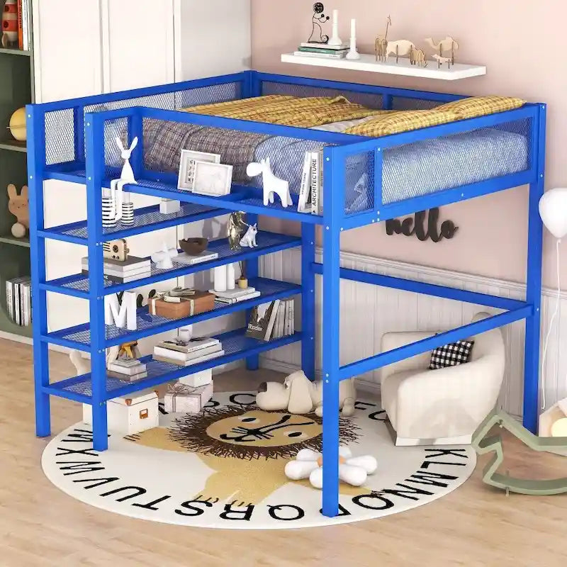 Metal Loft Bed with 4-Tier Shelves and Storage