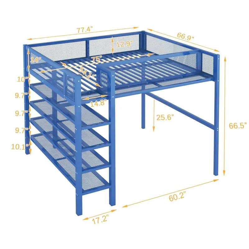 Metal Loft Bed with 4-Tier Shelves and Storage