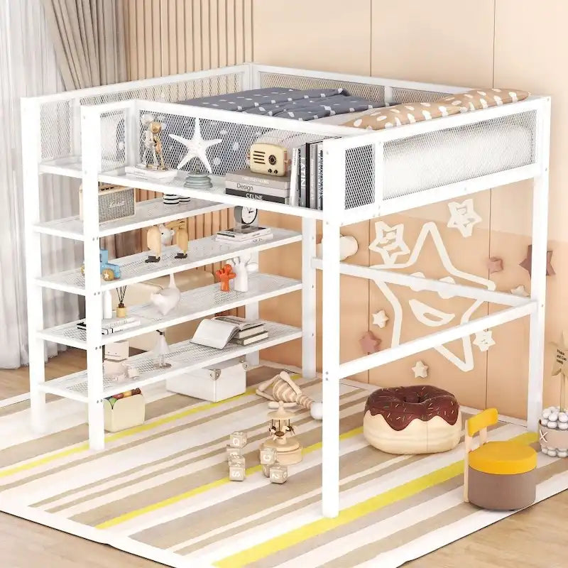 Metal Loft Bed with 4-Tier Shelves and Storage
