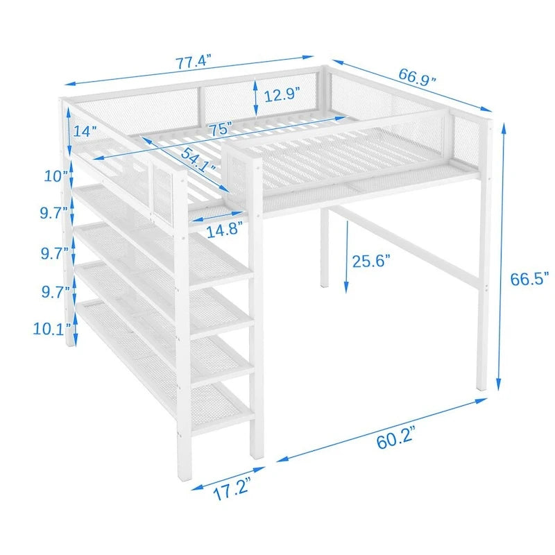 Metal Loft Bed with 4-Tier Shelves and Storage