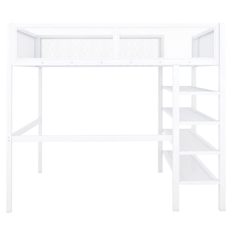 Metal Loft Bed with 4-Tier Shelves and Storage
