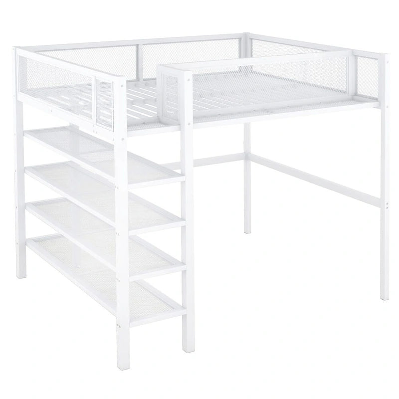Metal Loft Bed with 4-Tier Shelves and Storage