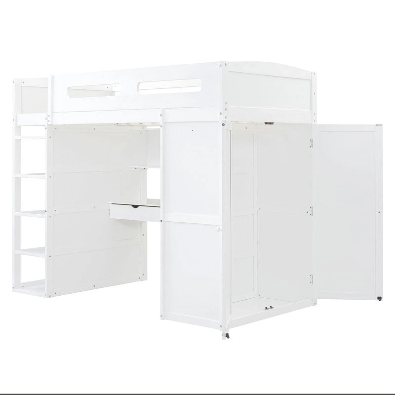 Twin Size Loft Bed with Desk, Wardrobes, 4 Drawers and 4 Shelves
