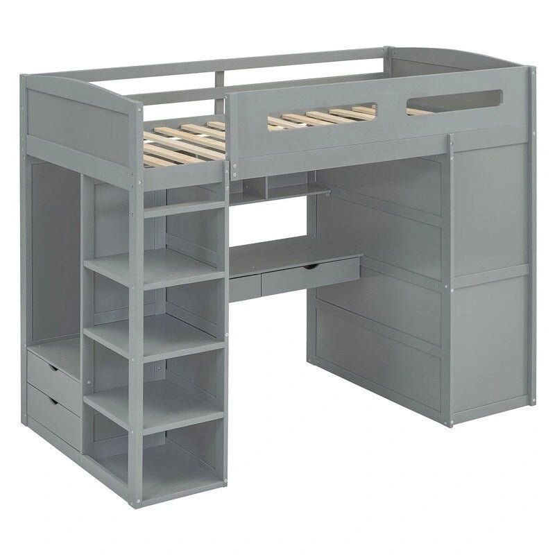 Twin Size Loft Bed with Desk, Wardrobes, 4 Drawers and 4 Shelves